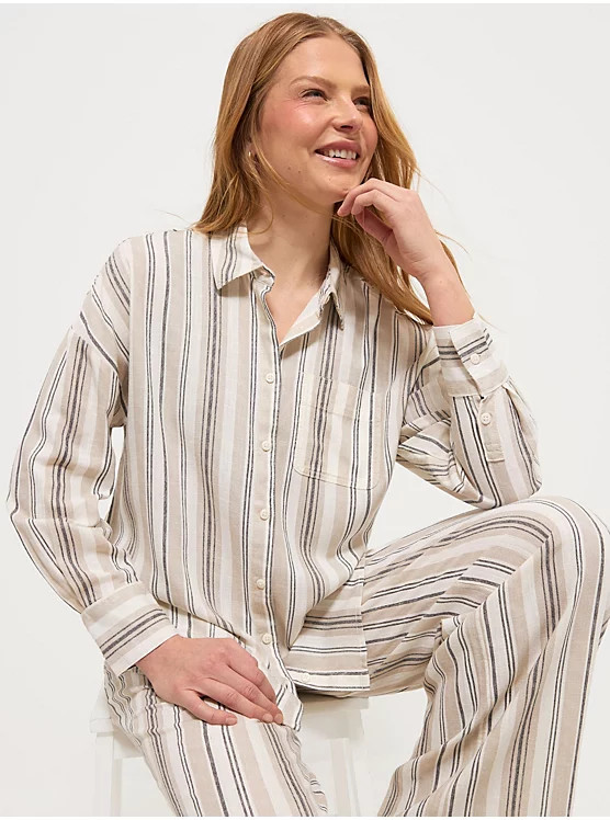 Taupe Striped Long Sleeve Shirt with Linen | George