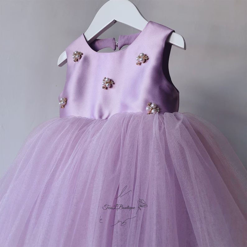 Lavender Purple Pearls Sweetheart Back Satin Tulle Flower Girl Dress, Baby Girl Toddler Dress, Gi... | Etsy (US)