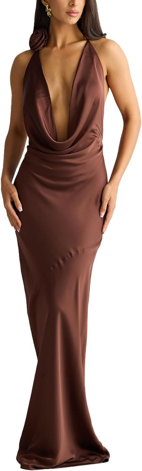 Yeenily Women Sexy Backless Maxi Dress Deep V Neck Sleeveless Halter Neck Formal Dresses Open Bac... | Amazon (US)