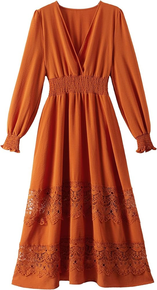 Women's Lace Maxi Dress Short Sleeve V Neck Party Dress Smocked Waist Boho Maxi Dress Bohemian Dr... | Amazon (US)