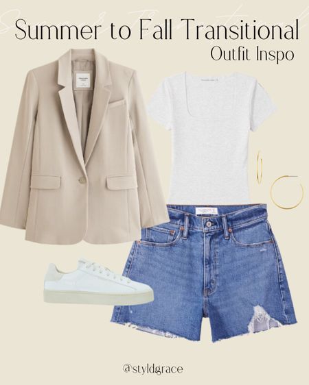 Summer to Fall transitional outfit 🤍

Blazer outfit, blazer with shorts; beige blazer, white bodysuit, denim shorts, mom shorts, neutral sneakers 

#LTKunder100