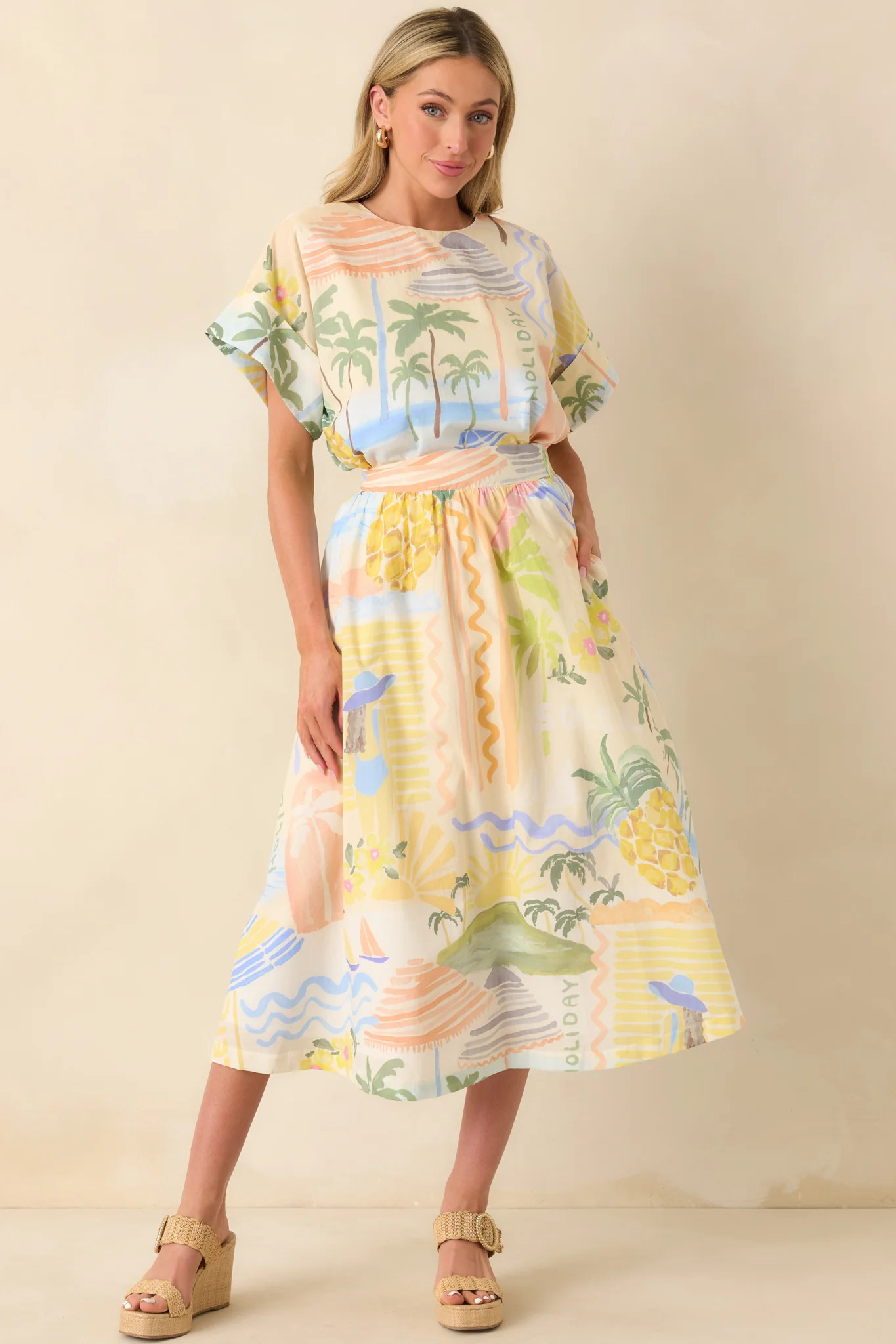 Prosperina Erica Multi Tropical Print Cotton Midi Skirt | Red Dress