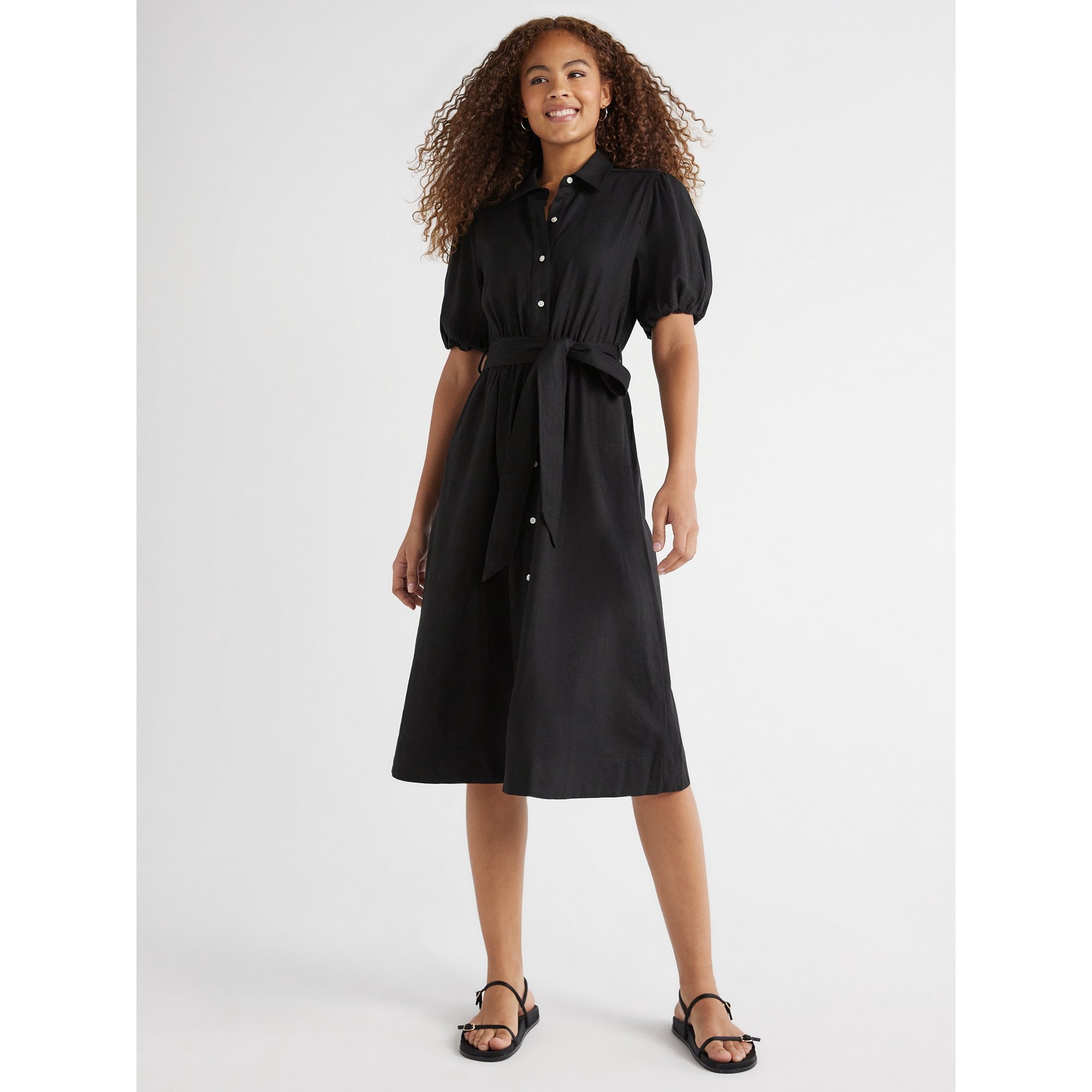 Free Assembly Women’s Midi Shirtdress with Puff Sleeves, Sizes XS-XXL | Walmart (US)