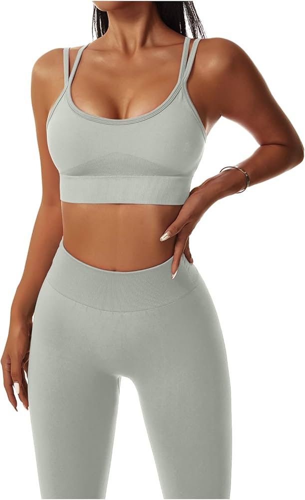QINSEN Seamless Workout Set for Women Streamline Sports Bra High Waist Leggings 2 Piece Yoga Outfits | Amazon (US)