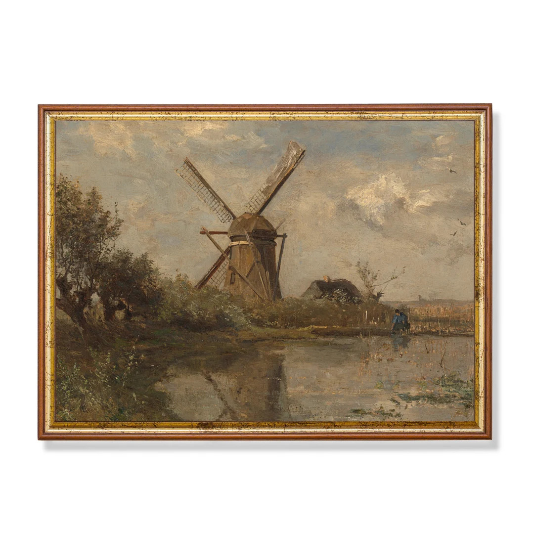 Printed and Shipped Vintage Landscape Painting Antique Windmill on a Pond Farmhouse Decor Moody R... | Etsy (US)