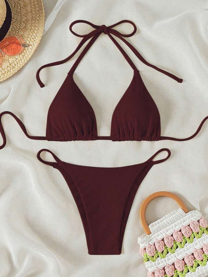 2-Piece 2025 Summer Beach Solid Color Halter Tie Sexy Bikini Swimwear Set For Women | SHEIN