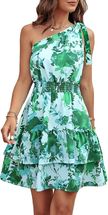 PRETTYGARDEN Women's Summer Tie One Shoulder Boho Floral Dress Elastic Waist Tiered Ruffle A Line... | Amazon (US)