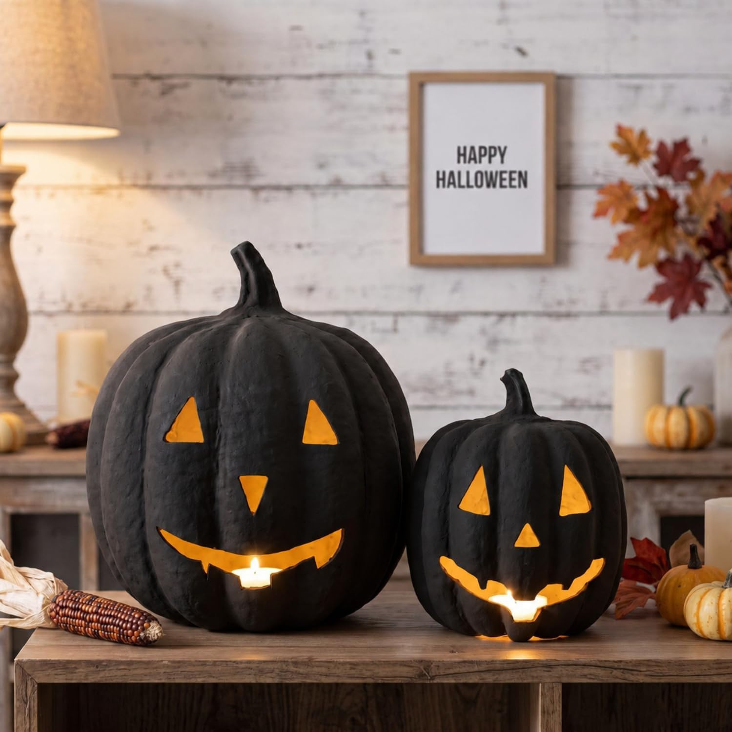 Tenceur 2 Pack Halloween Paper Mache Jack O' Lanterns Pumpkin Indoor, Black | Amazon (US)
