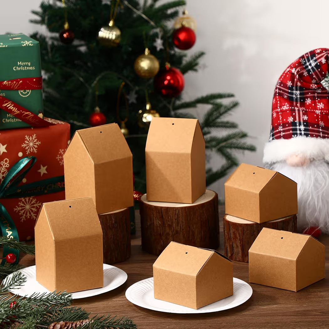 Eaasty 100 Pcs Christmas Gingerbread House DIY Kit Craft Cardboard Gingerbread House Shaped Boxes with Plates Candy Xmas Houses for Holiday Crafts Gift Packaging Party Decorations(Brown) | Amazon (US)
