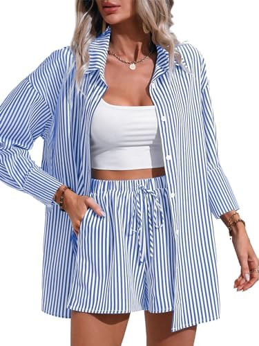 Women's 2 Piece Outfits Striped Button Down Long Sleeve Shirt Top and Drawstring Shorts Set | Amazon (US)
