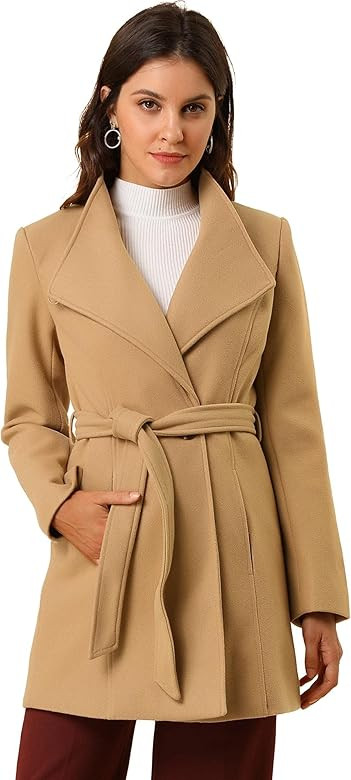 Allegra K Women's Classic Stand Collar Long Sleeve Winter Belted Long Coat | Amazon (US)