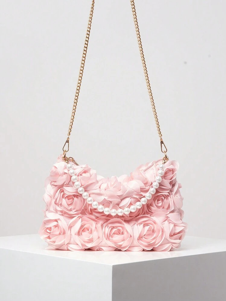 Elegant 3D Rose Flower Shoulder Bag, Metal Chain Crossbody Purse, Faux Pearl Tote Bags For Women, Party Dresses, Party Bag, Holiday Party Dress, Valentine's Day Gift, Bridesmaid Bag, Suitable For Parties, Dates, Weddings, Evening Events (Pattern Randomized) | SHEIN