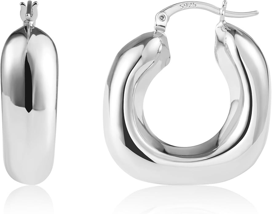 Chunky Hoops Earrings for Women Thick Huggie Hoop Earrings with S925 Sterling Silver Post Lightwe... | Amazon (US)
