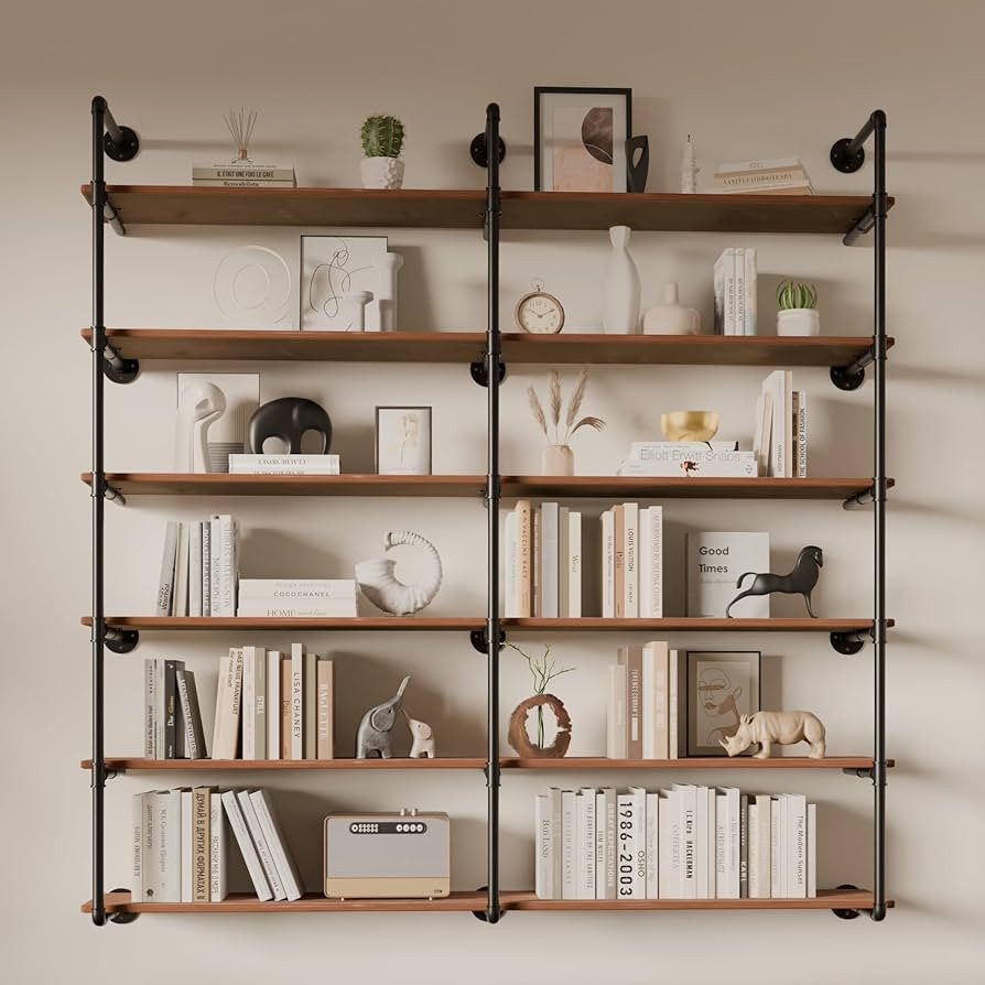 6 Tier Industrial Pipe Shelves with Wood Planks, 72 inch Iron Pipe Shelving, Retro Wall Mounted B... | Amazon (US)