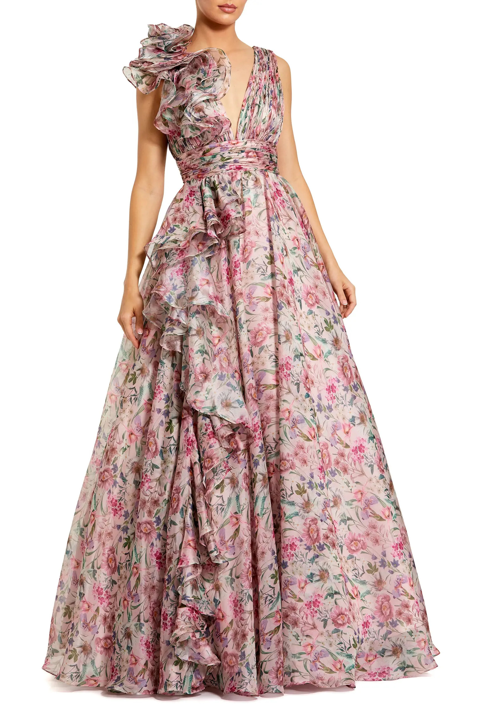 Ruffle Shoulder V-Neck Printed Chiffon Gown (Women) | Nordstrom | Nordstrom