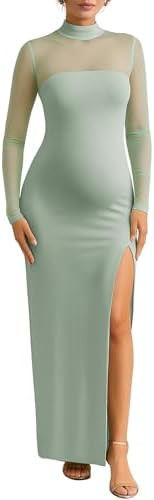 Dedysler Maternity Long Sleeve Maxi Wedding Guest Dress for Baby Shower with Mesh Split Mock Neck... | Amazon (US)