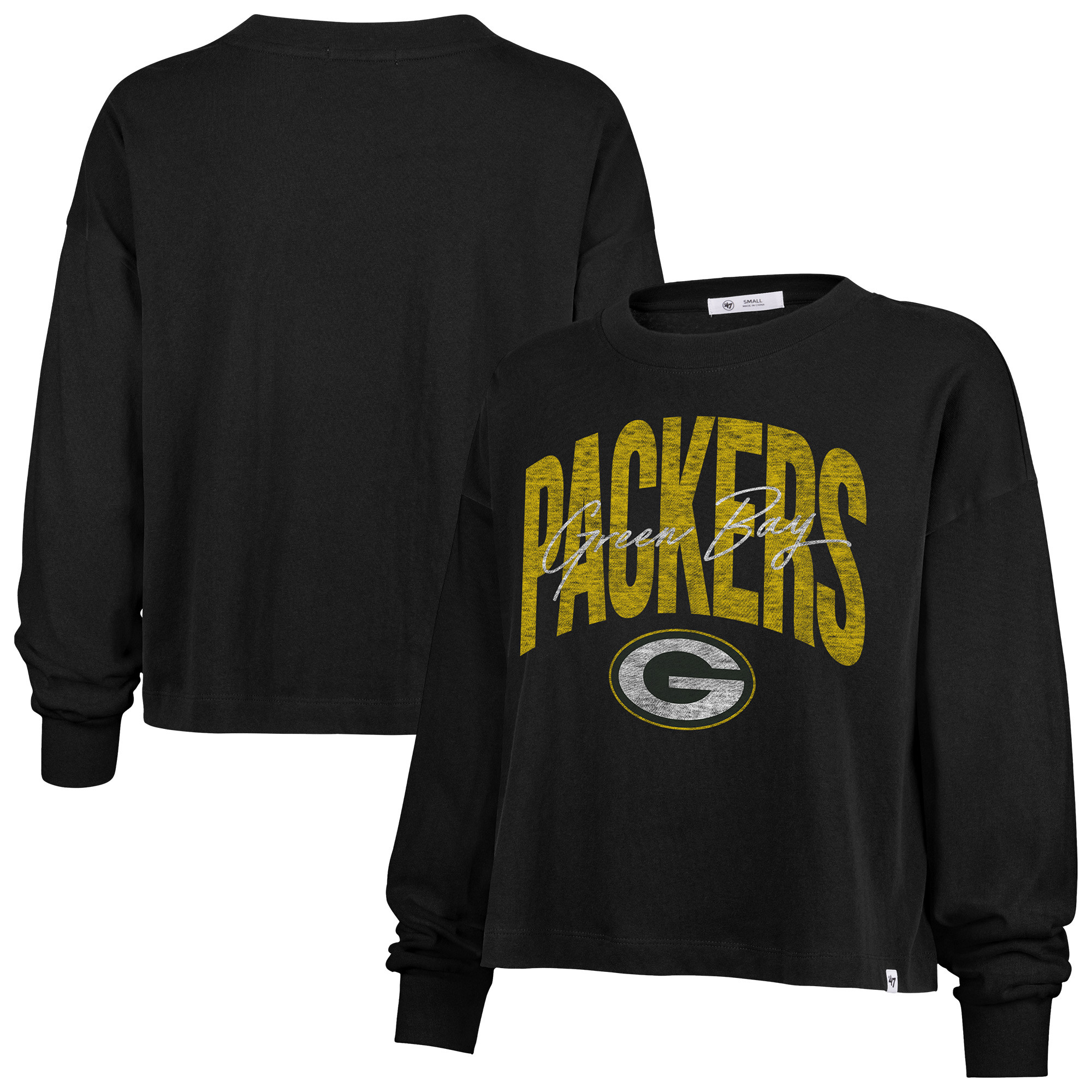 Women's '47 Black Green Bay Packers Muse Sydney Long Sleeve Cropped T-Shirt | Fanatics