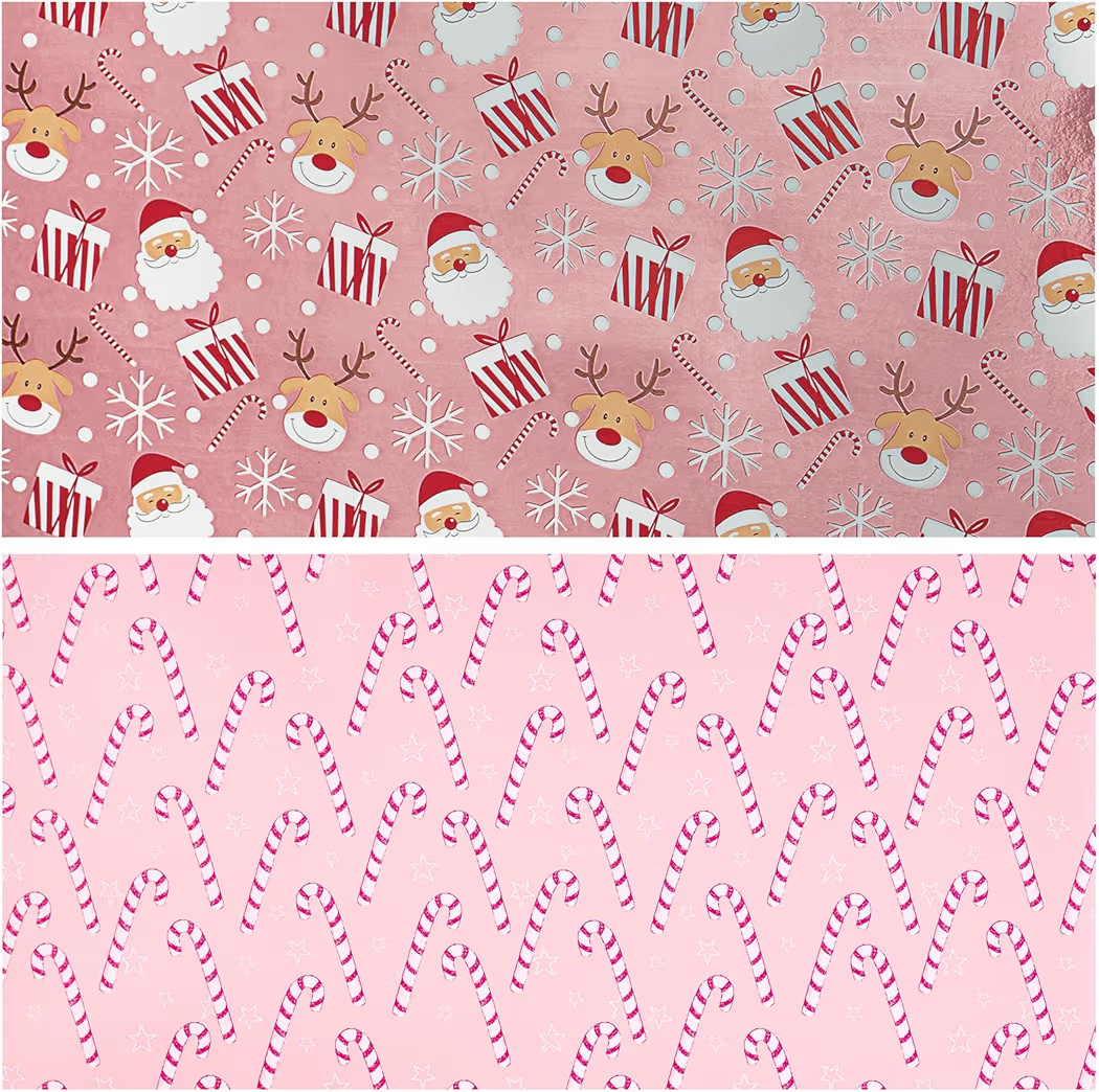 LeZakaa Christmas Pink Wrapping Paper Mini Roll, Santa Claus & Candy Cane, Metallic Foil, Rose Go... | Amazon (US)