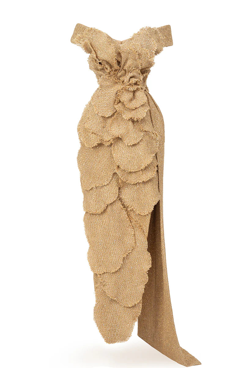 OFF-SHOULDER TWEED PETAL MAXI DRESS IN BEIGE | HAPPY CLOTHING | CULT MIA | CULT MIA UK LTD