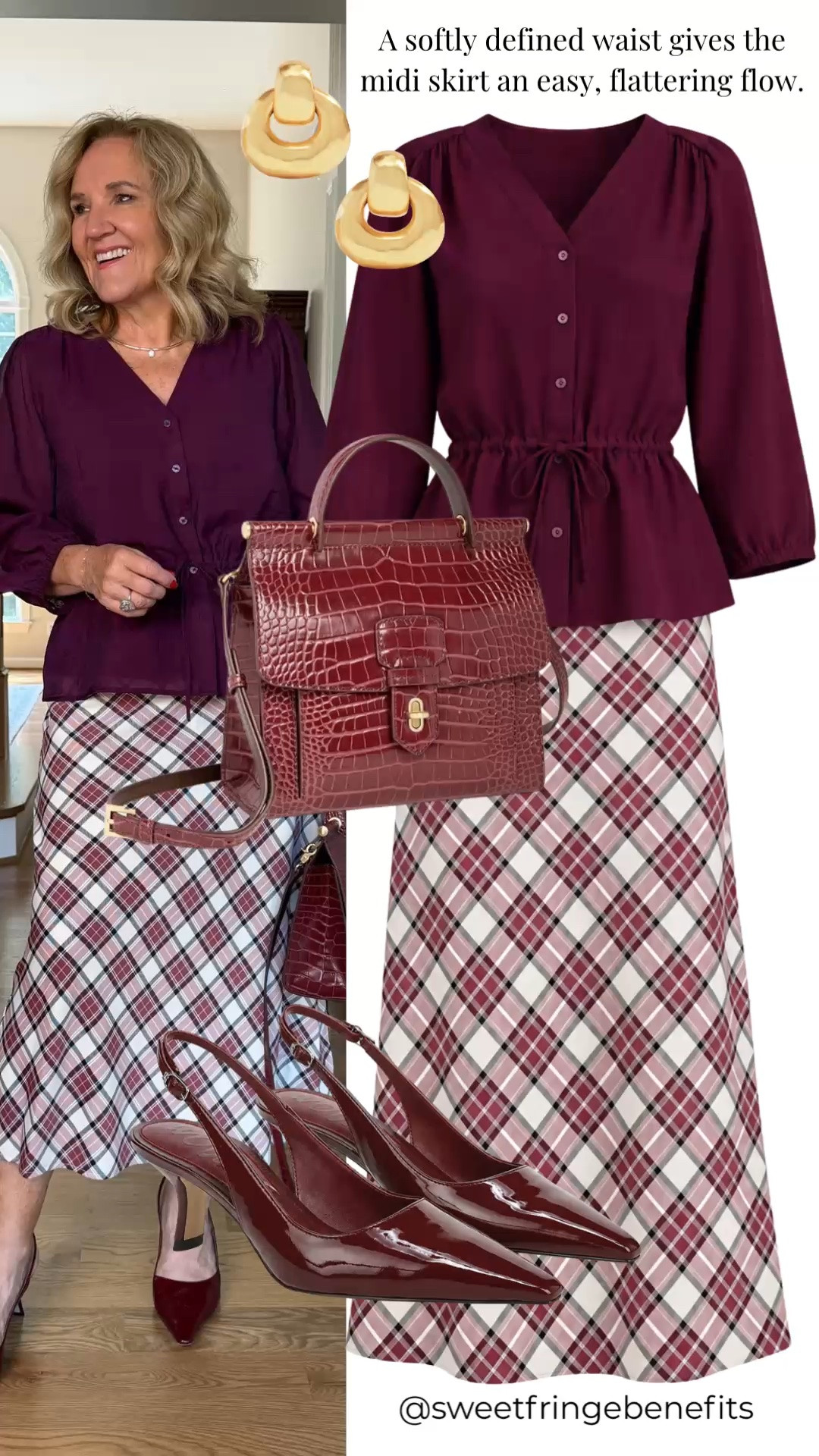I’m having a little fun with this burgundy and plaid combination. I’m wearing a medium in both the top and skirt, and somehow all that pattern just works.

#LTKootd #LTKOver40 #LTKPetite