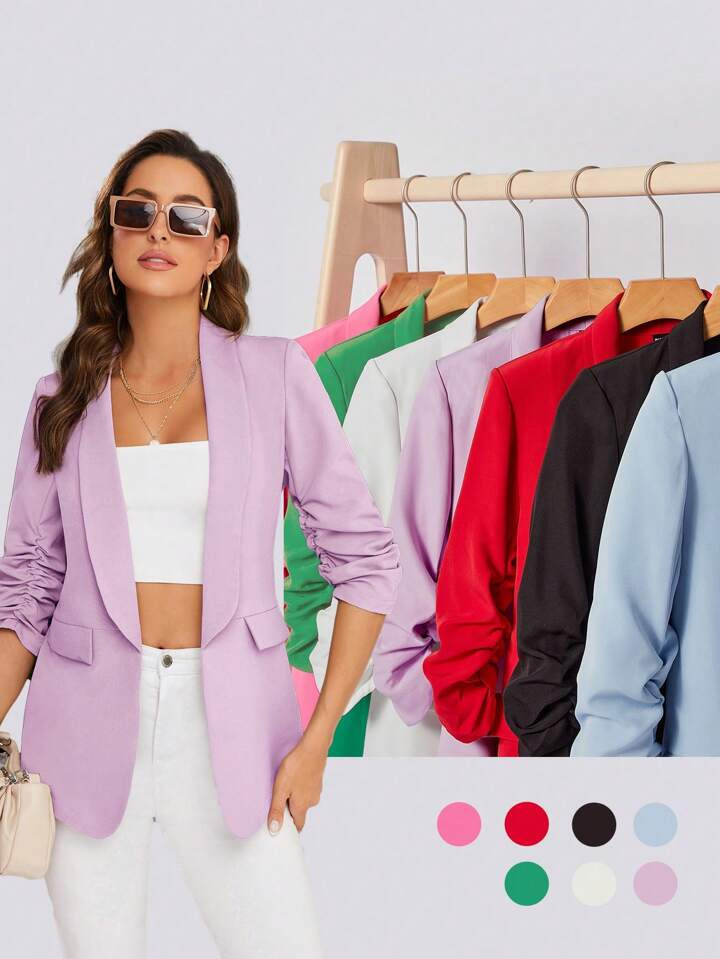 SHEIN BIZwear Shawl Collar Gathered Sleeve Flap Detail Blazer Workwear | SHEIN