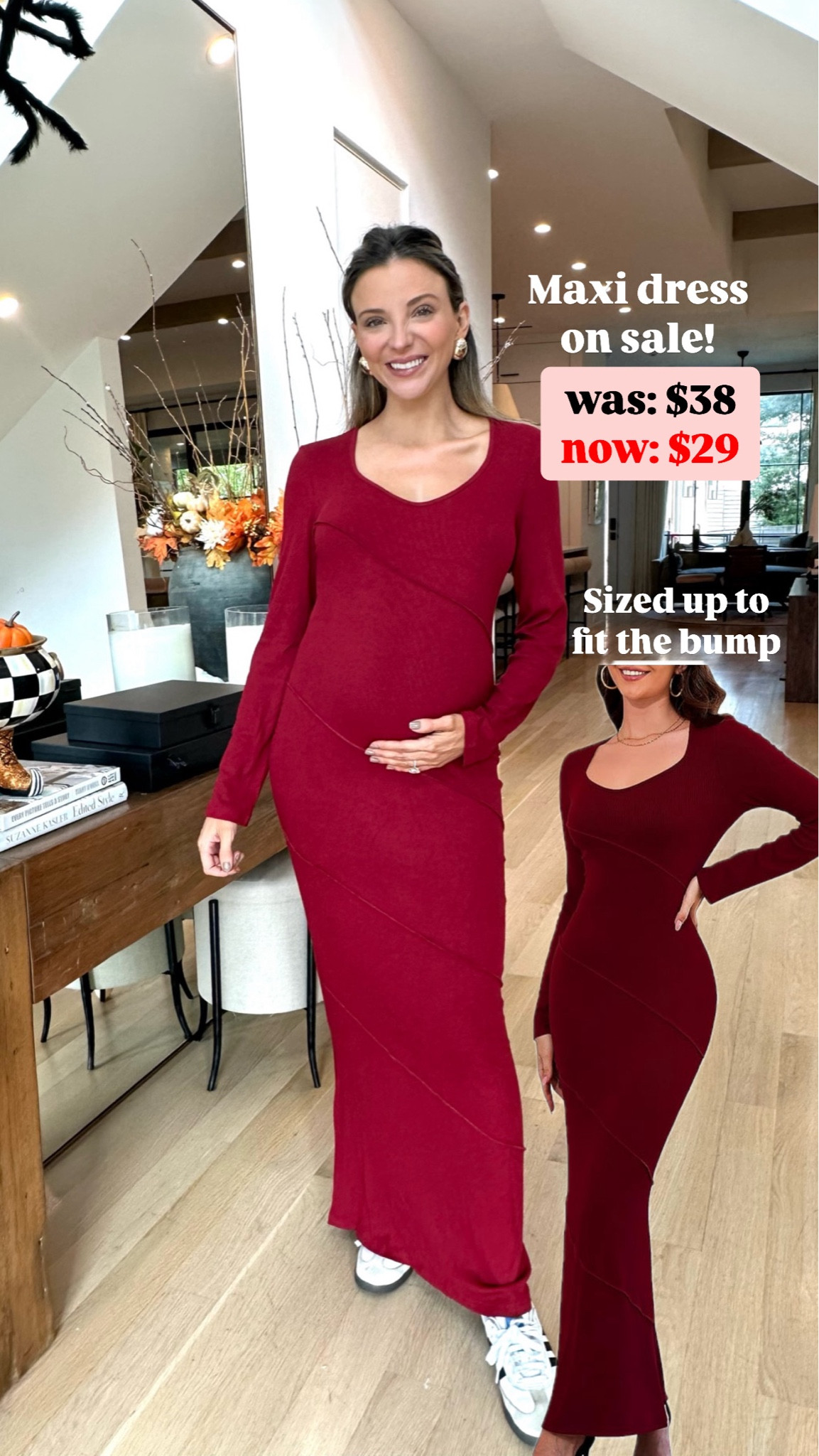 Amazon red maxi dress — size up if you’re 🤰
Amazon gold earrings
Amazon adidas sneakers 

#LTKBump #LTKFindsUnder100 #LTKSaleAlert