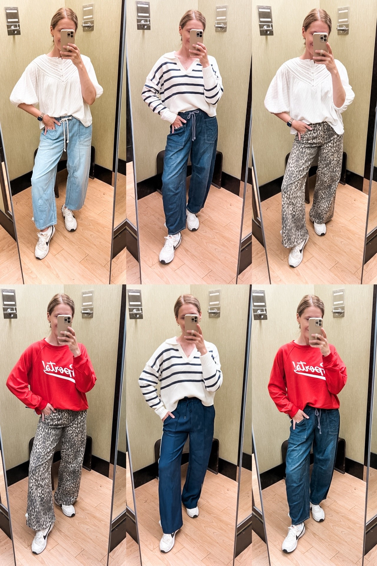 Kohls try-on! Found some really amazing track pants, 10/10, go up a size (I’m a medium in these). Click the tan pants to shop. Comfy drawstring barrel jeans, go up a size, the medium fit me well. And the leopard jeans are so good! Fit true to size, I’m a 6 in these. Tap the photo of the ombré wide leg jeans to shop the leopard ones. Tap the “Cheer!” sweatshirt to shop the red “Sports” graphic tee, so cute for gameday outfit. #kohls 

#LTKStyleTip #LTKFindsUnder100 #LTKFindsUnder50