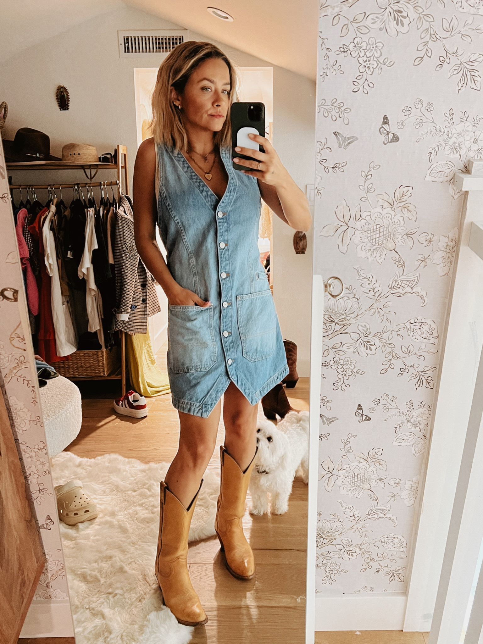 I found this sold out Free People denim vest dress in-stock at Vici for an even better price! Runs TTS and would be adorable for fall with a long sleeve shirt underneath. Urban cowgirl outfit vibes! 

#LTKstyletip #LTKfindsunder100 #LTKwedding