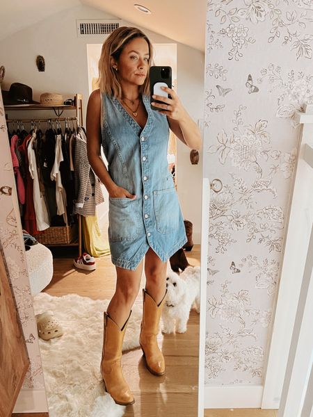 I found this sold out Free People denim vest dress in-stock at Vici for an even better price! Runs TTS and would be adorable for fall with a long sleeve shirt underneath. Urban cowgirl outfit vibes! 

#LTKstyletip #LTKfindsunder100 #LTKwedding