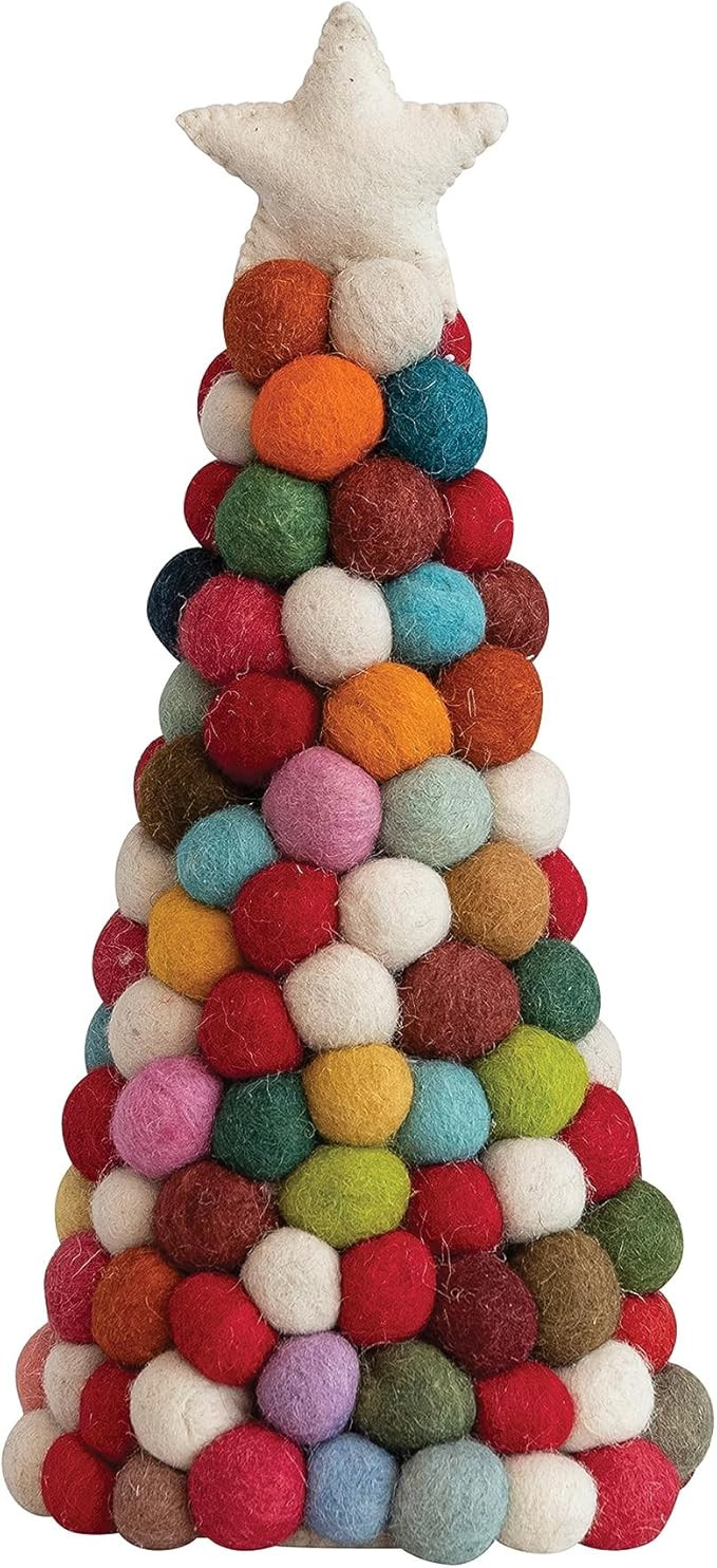Creative Co-Op 4-1/4" Round x 12" H Handmade Wool Felt Pom Pom Tree w/Star, Multi Color | Amazon (US)