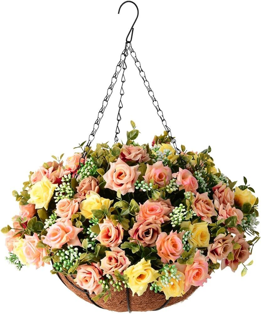 Homsunny Fall Hanging Flowers Basket, Artificial Rose Flowers in 12 inch Coconut Lining Hanging B... | Amazon (US)