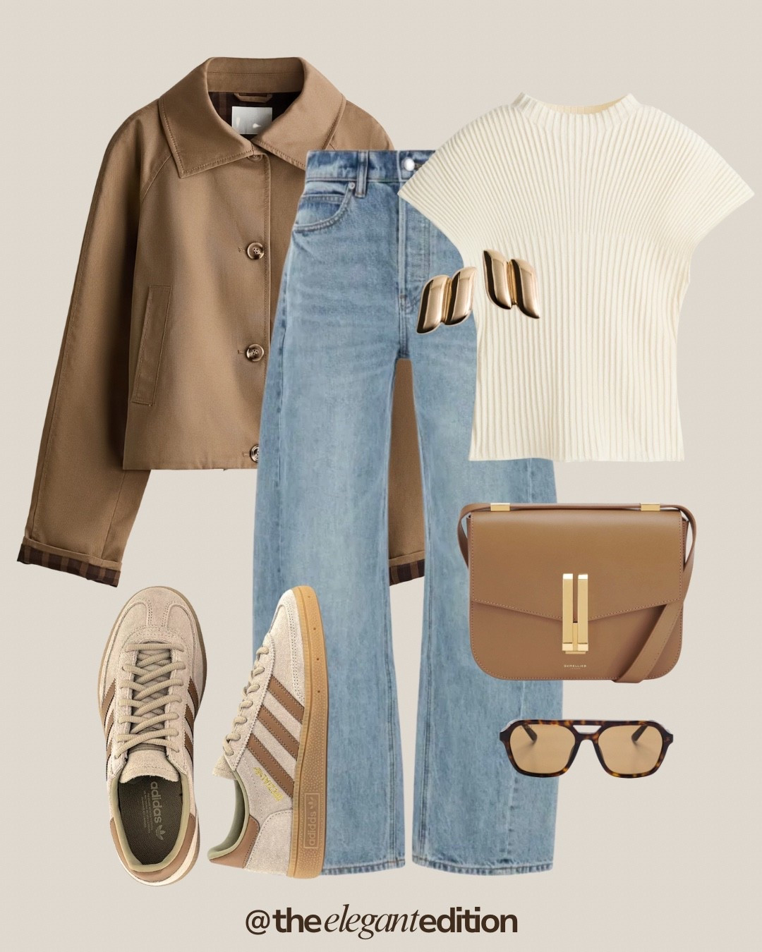 Adidas Spezial Spring Outfit 🤍🤎
Tags: light blue denim straight leg camel jacket cropped oversized cream knit tee short sleeve ribbed Adidas Spezial sneakers beige brown gum sole camel leather shoulder bag structured Demellier style gold hardware sunglasses tortoise brown gold earrings chunky spring transitional casual chic sporty elegant
  

#LTKspring #LTKstyletip #LTKshoes #LTKstyletip #LTKjeans #LTKeurope