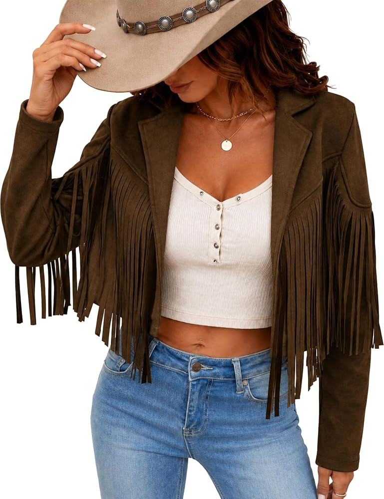 Women's Faux Suede Fringe Tassel Jacket Cropped Western Cowgirl Top | Amazon (US)