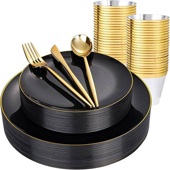 bUCLA 150PCS Black and Gold Plastic Plates - Black Gold Plastic Dinnerware Set Disposable - Inclu... | Amazon (US)