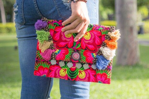 Pom Poms Tribal Clutch Bags Ethnic Hmong Embroidered Fair Trade (BG501BLAF) | Etsy (US)