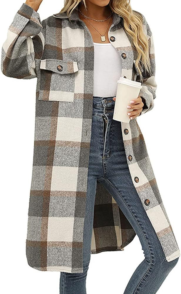 Songling Women's Casual Lapel Button Down Long Sleeve Wool Blend Plaid Long Shirt Jacket Shacket | Amazon (US)