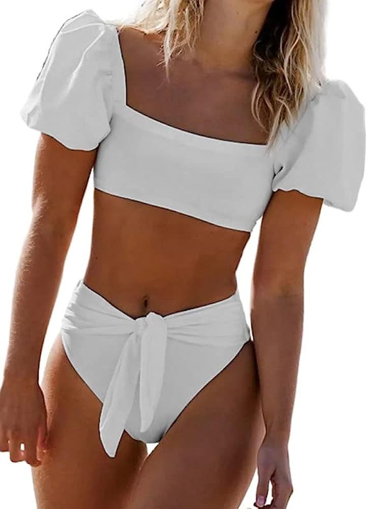 Dokotoo Womens 2023 Cute Solid Bubble Sleeves High Waisted Two Piece Bikini Swimsuit | Amazon (US)