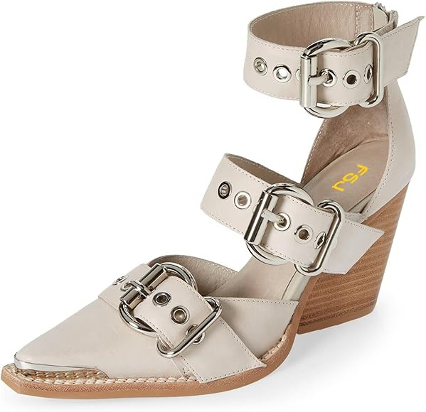 FSJ Women Pointed Toe Metal Buckle Hollow Out Leather Strappy Medium Thick Wedge Stacked Heel San... | Amazon (US)