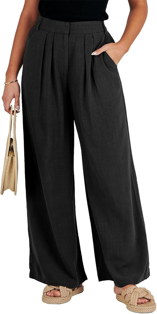 ANRABESS Women Linen Palazzo Pants Summer Wide Leg High Waist Casual Long Lounge Pant Trousers wi... | Amazon (US)