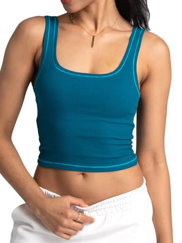 Danysu Women Rib Tank Top Padded Workout Top Square Neck Crop Tank Fitted Basic Cami Tops | Amazon (US)