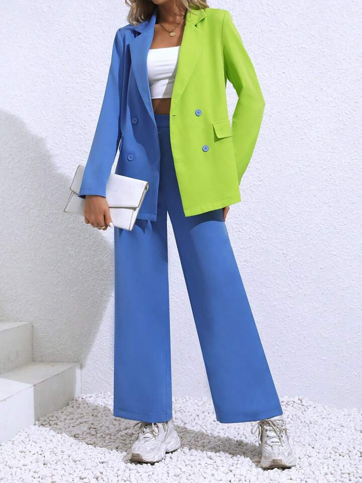 SHEIN Essnce Two Tone Double Breasted Blazer & Wide Leg Pants | SHEIN