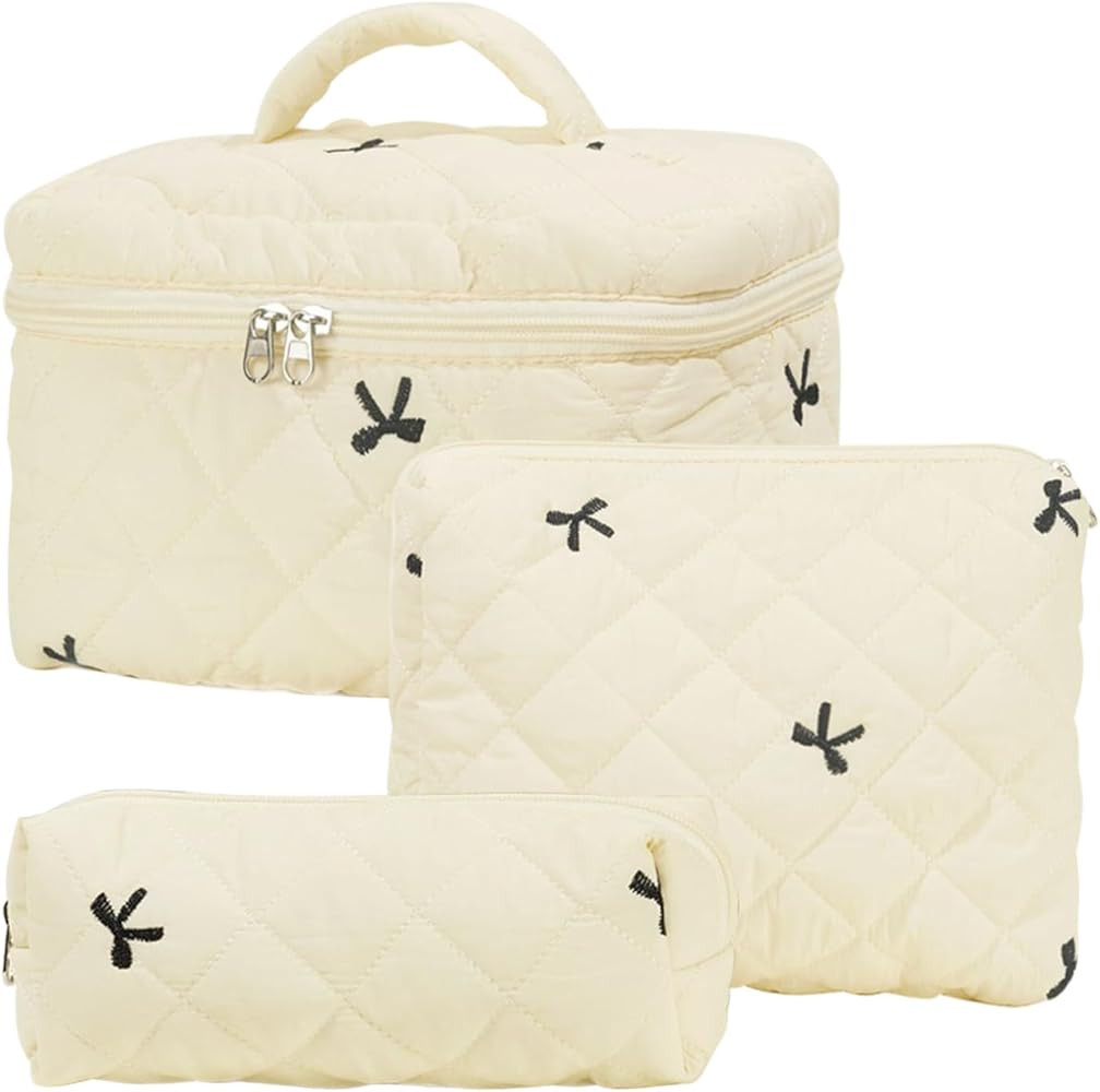3 Pcs Cotton Quilted Makeup Bag Set, Floral Cotton Cosmetic Bag, Aesthetic Toiletry Travel Organi... | Amazon (US)