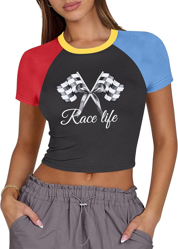 Racing Shirts for Women It's Race Day Y'all Shirt Racing Checkered Flag Graphic Shirt Crop Top Ra... | Amazon (US)