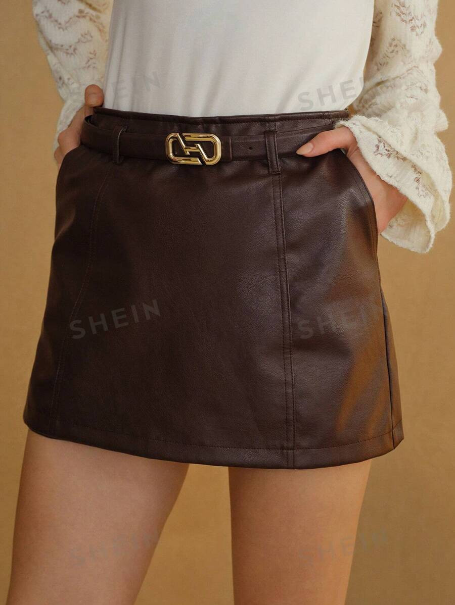MOTF STUDIO PU LEATHER SLANT POCKET BUCKLE BELTED SKORT | SHEIN