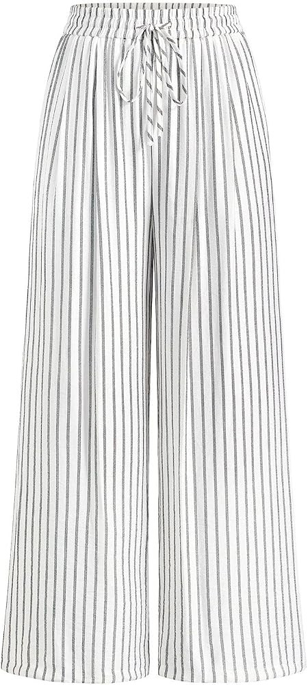PRETTYGARDEN Womens Pants Elastic Waist Striped Lightweight Palazzo Pant | Amazon (US)