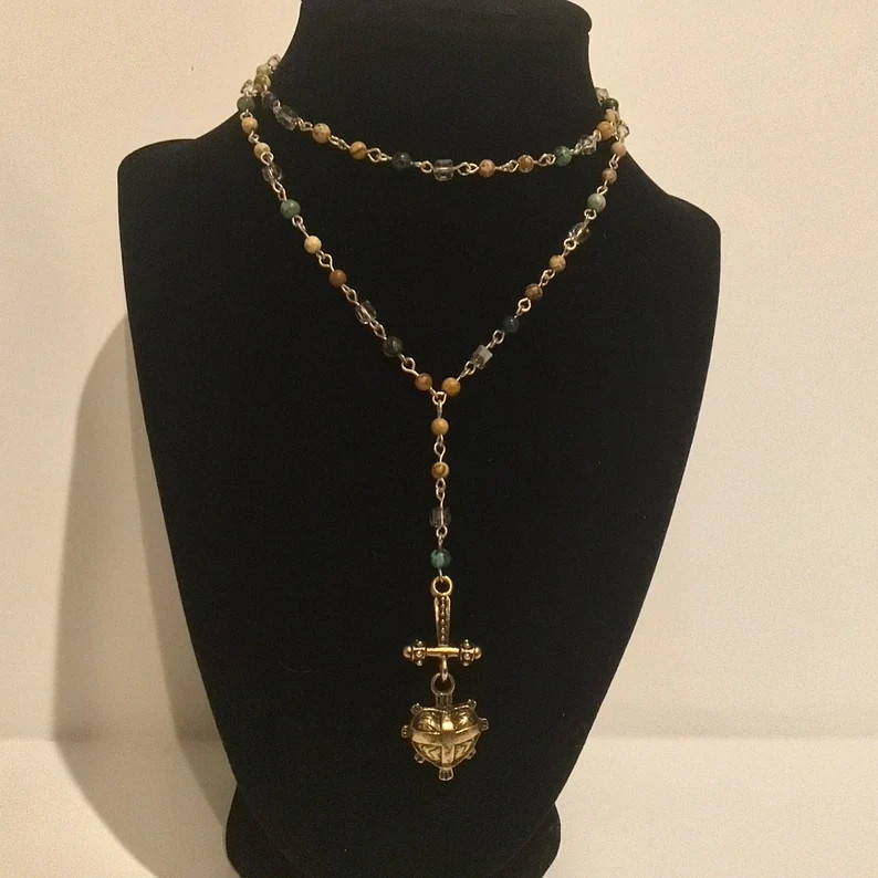Bead and Crystal Rosary Chain Lariat, Hammered Heart Cross Pendant, Boho Antique Gold Cross Neckl... | Etsy (US)