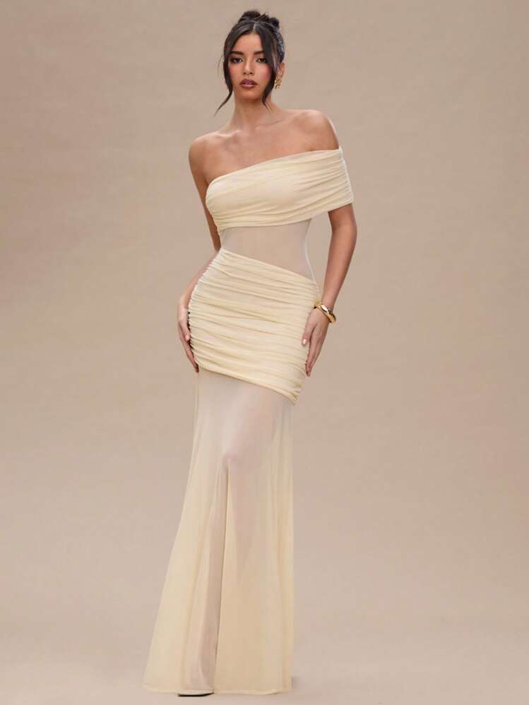 Women's Summer Clothing Pure Apricot Pleated Sexy Off Shoulder See-Through Maxi Dresses For Women... | SHEIN