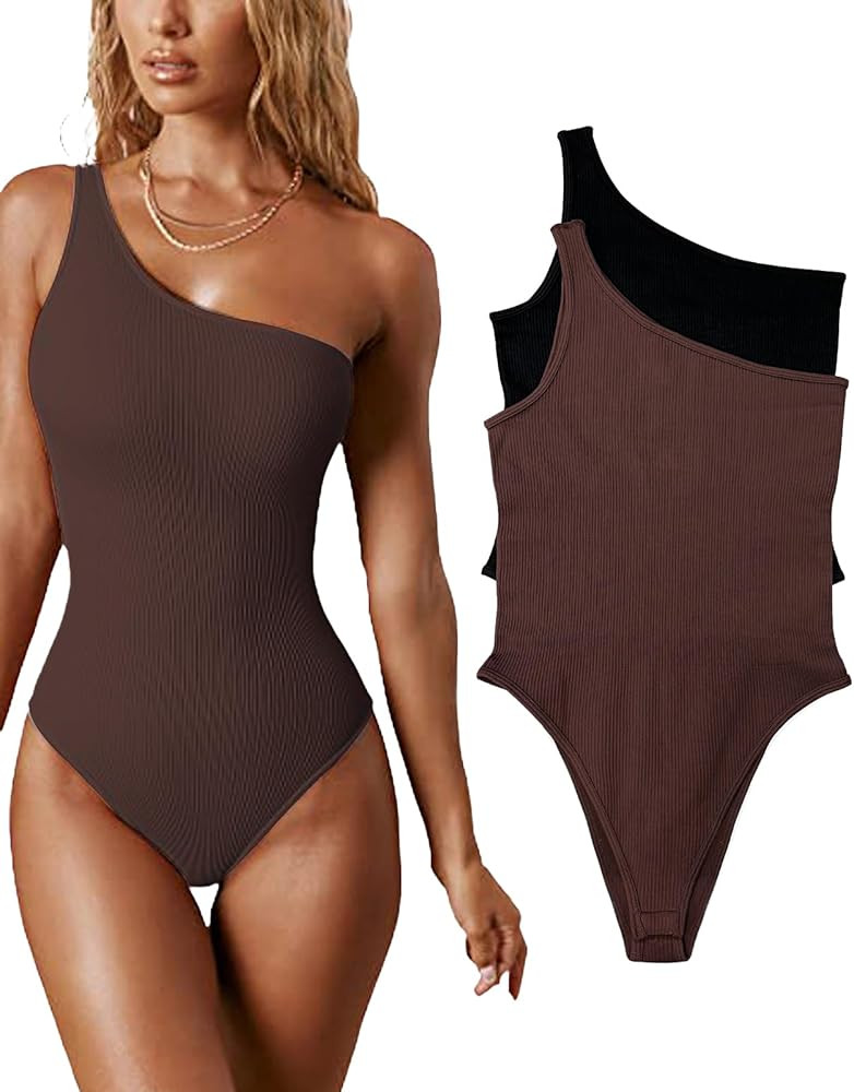 Women Sexy One Shoulder Sleeveless Ribbed Seamless Slim Fit Exercise Basic Bodysuits Leotard Tank... | Amazon (US)