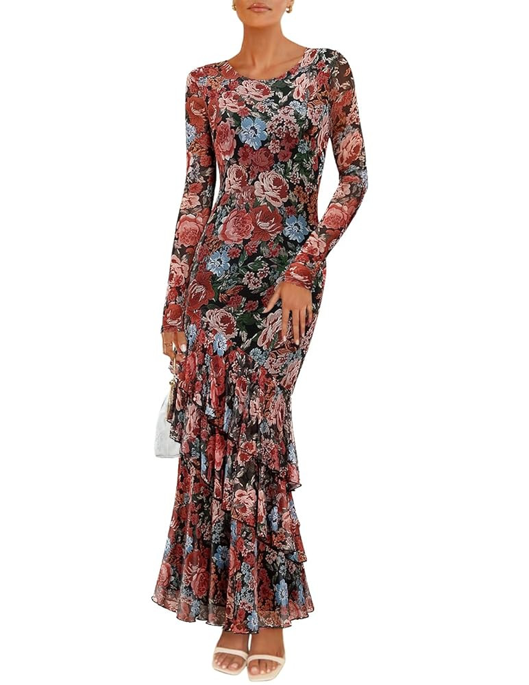 ZESICA Women's Long Sleeve Floral Bodycon Dresses 2025 Fall Fashion Mesh Ruffle Mermaid Wedding G... | Amazon (US)