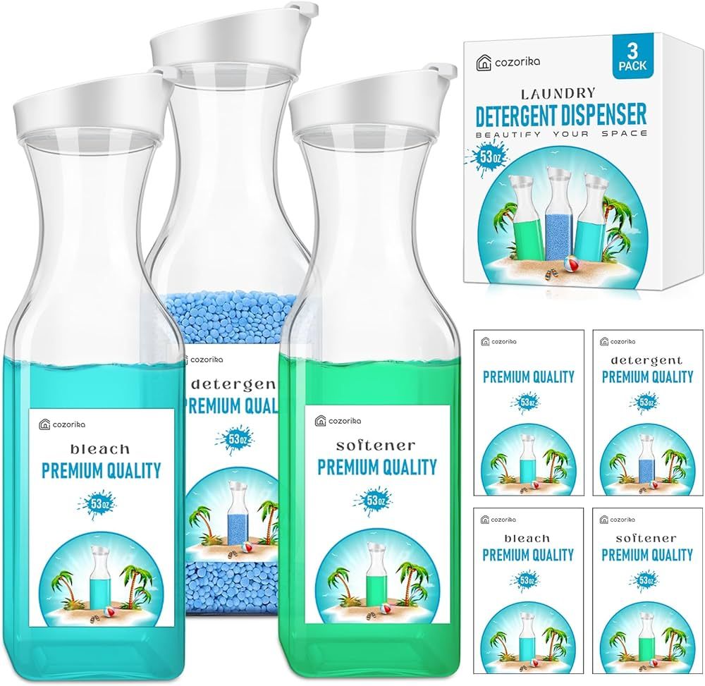 Laundry Detergent Dispenser | Set of 3 Bottles 53oz for Liquid Soap, Fabric Softener, Bleach | Ro... | Amazon (US)